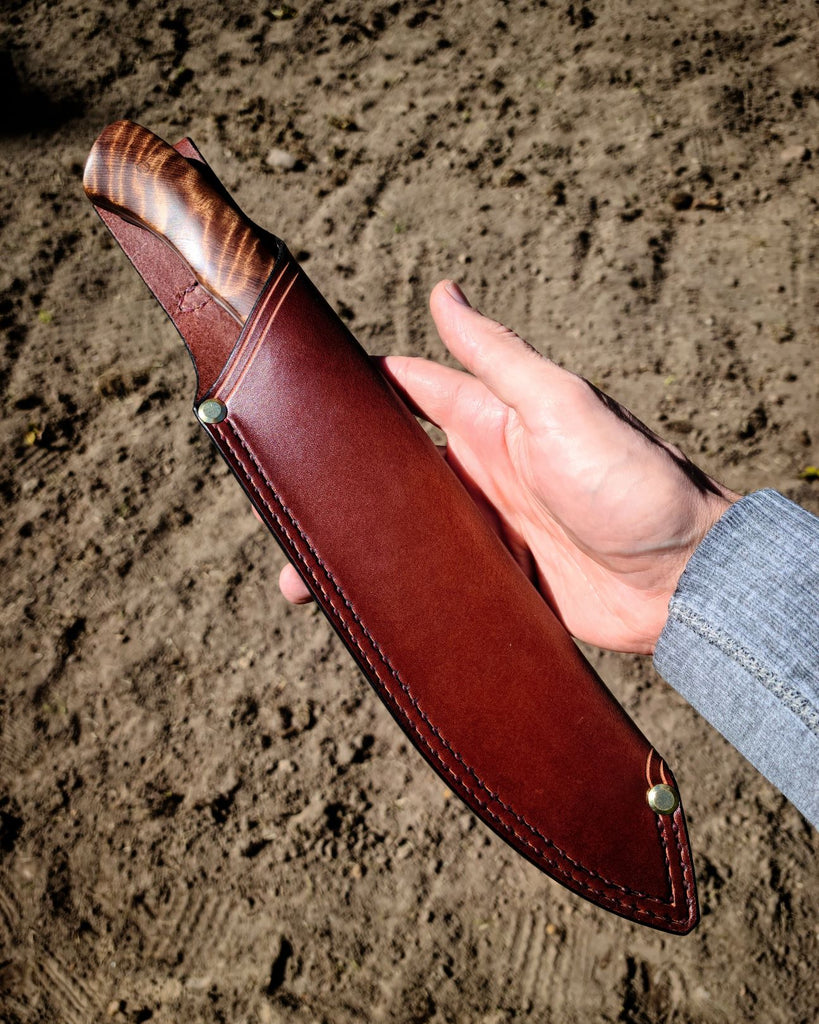 custom bespoke handmade hand stitched leather bushcraft and camp kitchen knife sheath