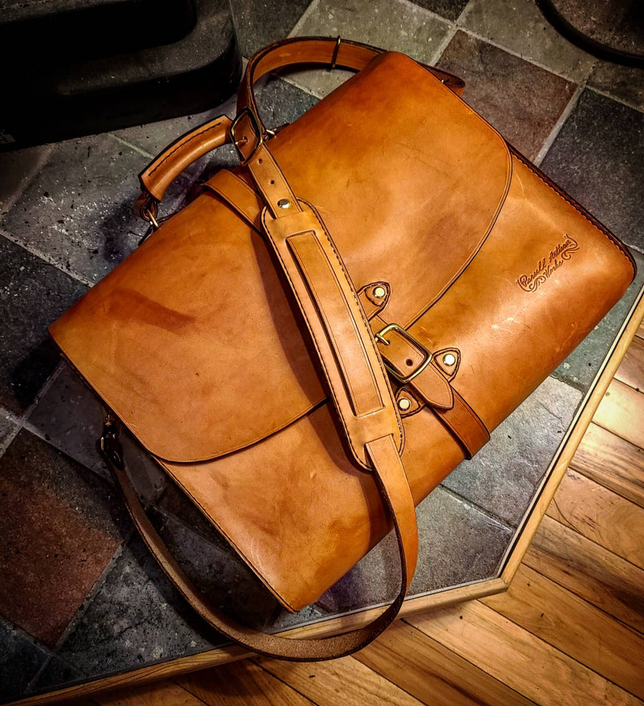 Custom leather goods in Alpena Michigan. Custom leather laptop bag. Bespoke leather bageather goods