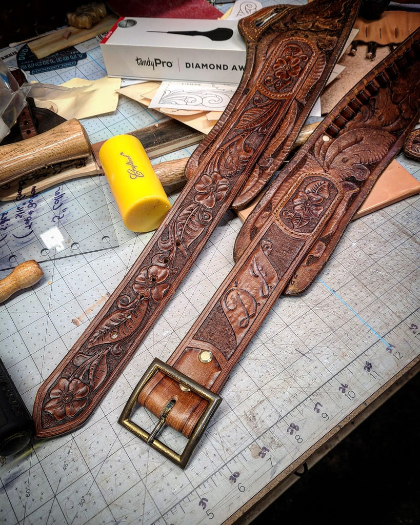 Custom leather belt repair. Replacement hand carved and tooled strap for a gun belt